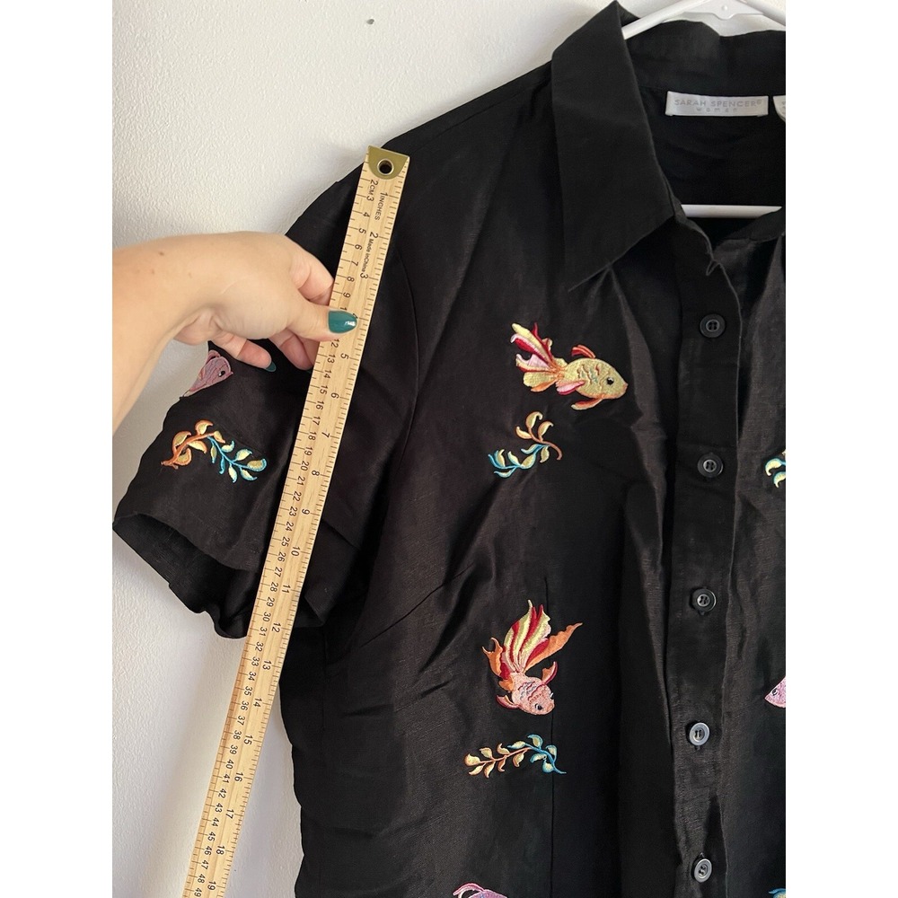 Sarah Spencer Black Linen Blouse Women's 16 Embroidered Artsy Goldfish Colorful - Picture 6 of 16